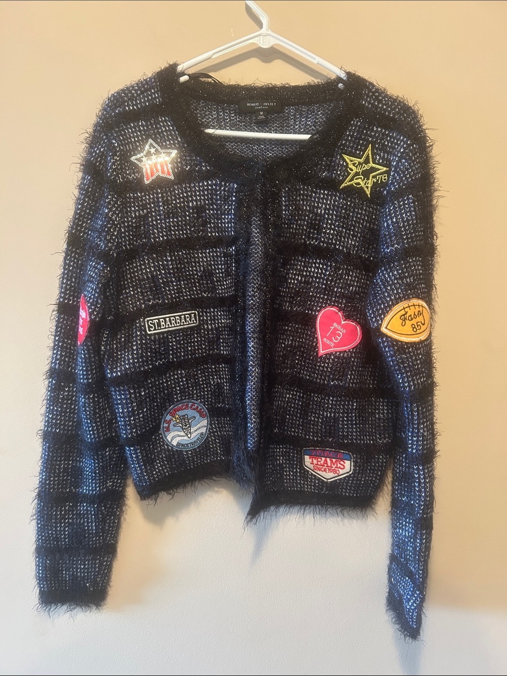 Romeo & Juliet Couture Women’s Black & Blue Patchwork Fuzzy Cardigan Jacket